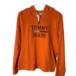 TOMMY JEANS Men’s Streetwear Sz M Orange Fleece Logo Pullover Hoodie Drawstring